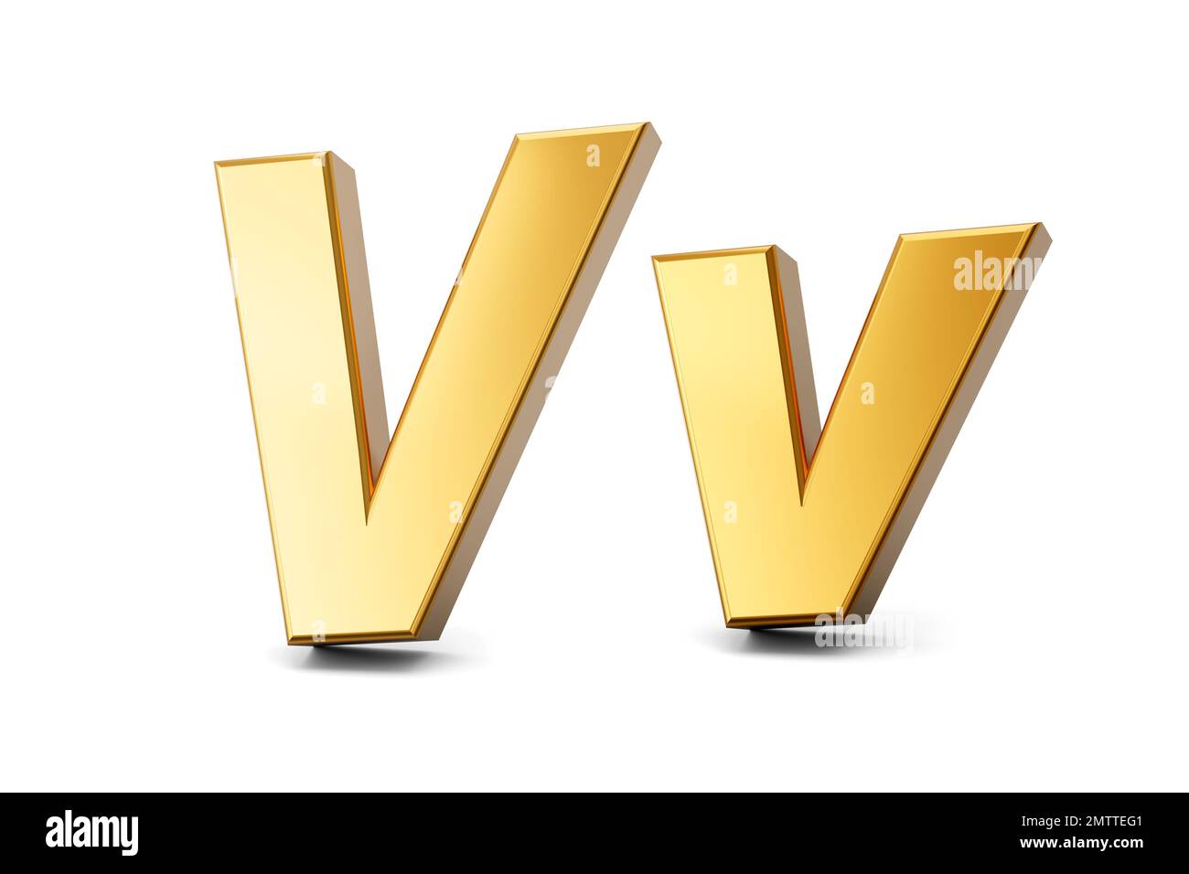 A 3D rendering of gold metal capital and small letter v isolated on white background Stock Photo