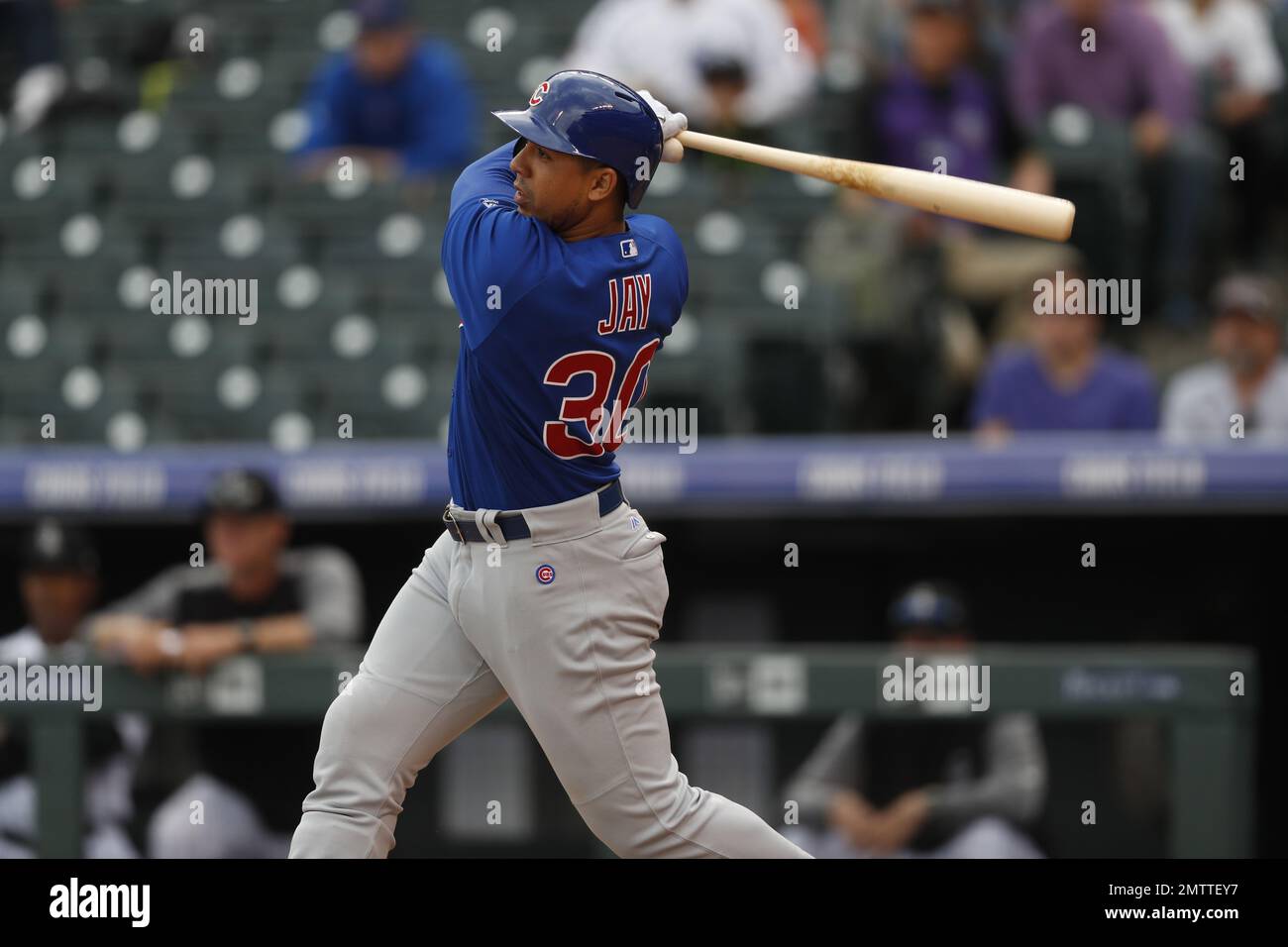 Chicago Cubs center fielder Jon Jay (30) in the ninth inning of the first  baseball game of a doubleheader Tuesday, May 9, 2017, in Denver. The  Rockies won 10-4. (AP Photo/David Zalubowski
