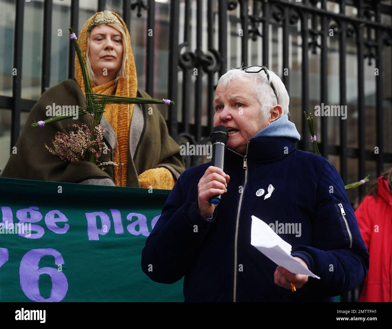 Bríd Smith, People Before Profit–Solidarity, speaking at a St Brigid's Day rally outside Leinster House, Dublin, calling on the Government to take action in addressing violence against women in Ireland. The rally was held to coincide with St Brigid’s Day, with speakers asking that women be protected in the spirit of the Celtic goddess and Christian saint Brigid, who is associated with healing. Picture date: Wednesday February 1, 2023. Stock Photo