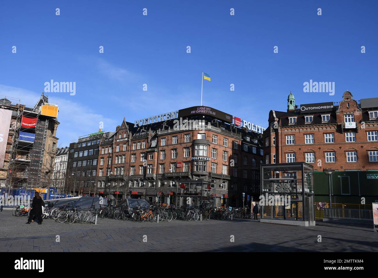 Copenhagen/Denmark/01 February 2023/ Danish media Politken hus  and few other daily papes stand with ukiran, media house fly ukrianina flg on house soliditary  with ukrainian crisis  Copenhagen Denmark.  (Photo. Francis Joseph Dean/Dean Pictures) Stock Photo