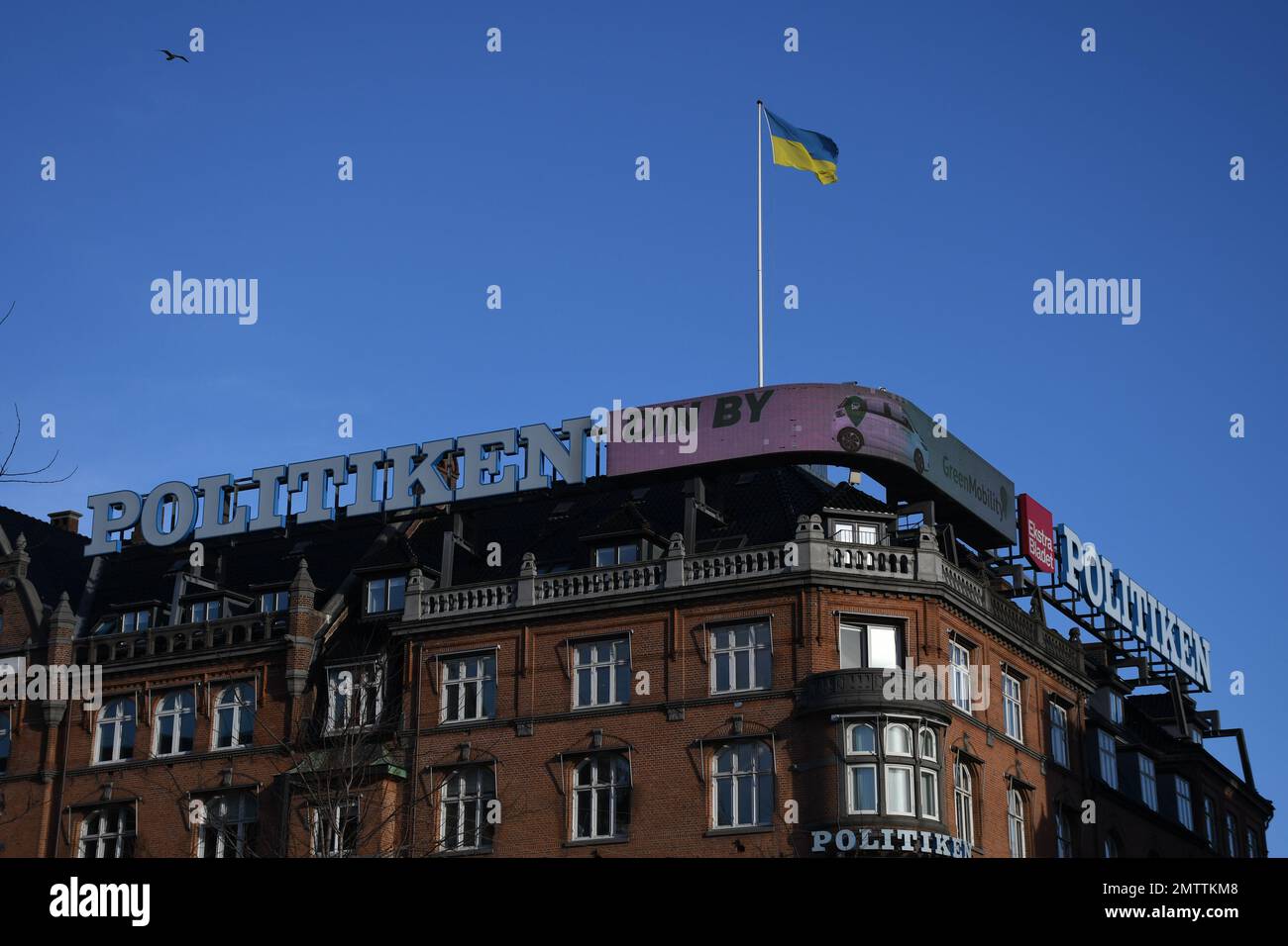 Copenhagen/Denmark/01 February 2023/ Danish media Politken hus  and few other daily papes stand with ukiran, media house fly ukrianina flg on house soliditary  with ukrainian crisis  Copenhagen Denmark.  (Photo. Francis Joseph Dean/Dean Pictures) Stock Photo