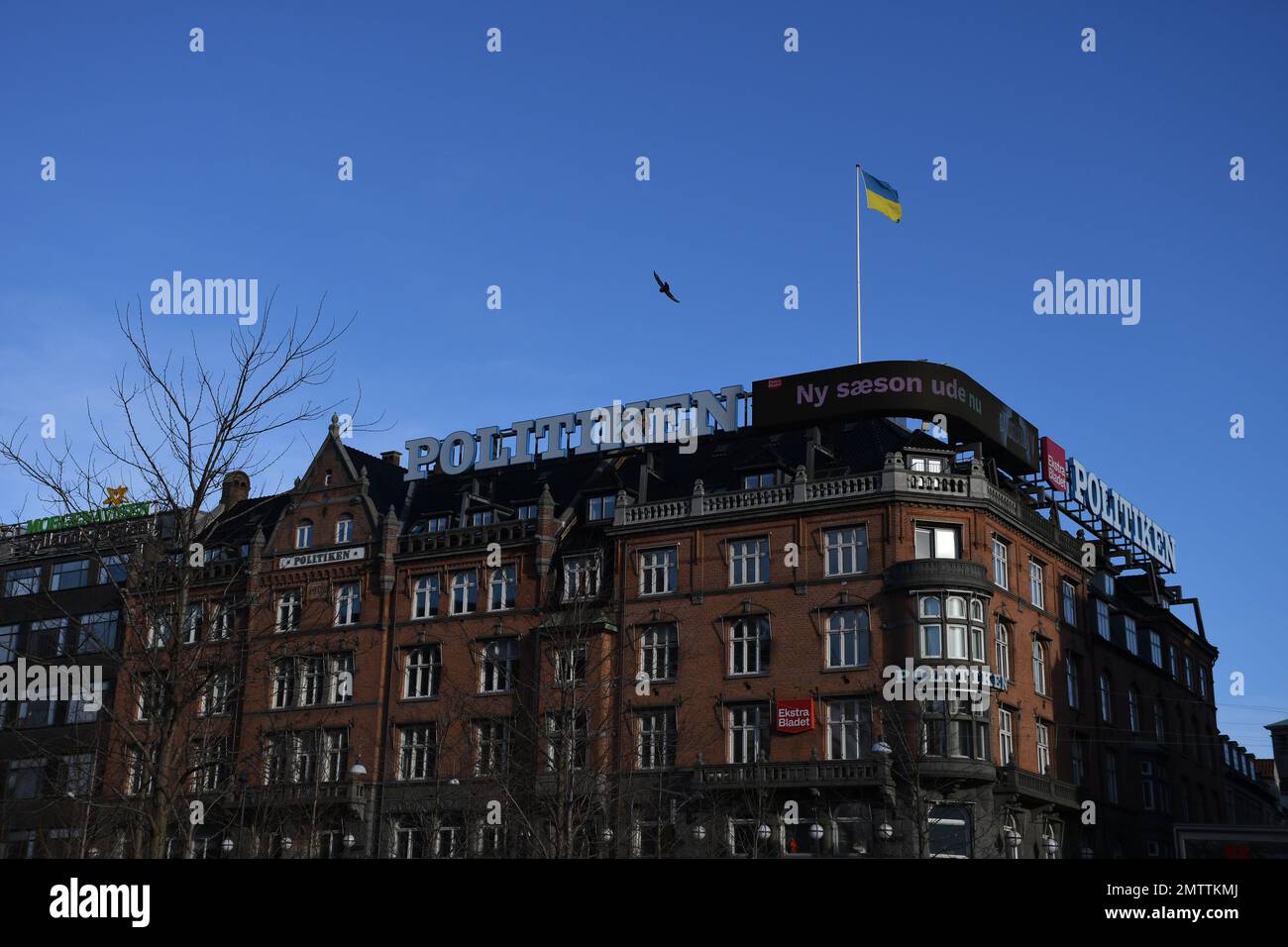 Copenhagen/Denmark/01 February 2023/ Danish media Politken hus  and few other daily papes stand with ukiran, media house fly ukrianina flg on house soliditary  with ukrainian crisis  Copenhagen Denmark.  (Photo. Francis Joseph Dean/Dean Pictures) Stock Photo
