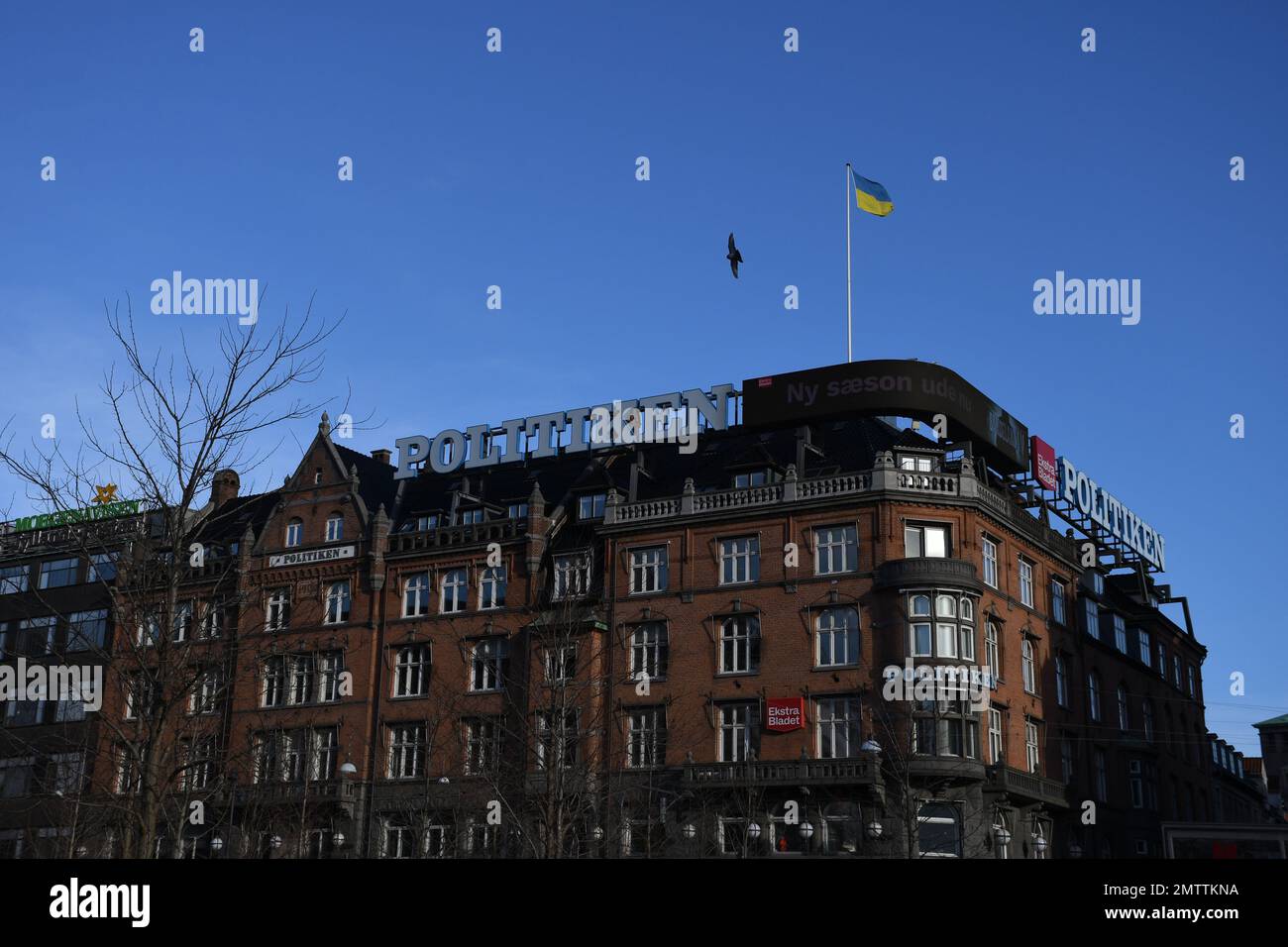Copenhagen/Denmark/01 February 2023/ Danish media Politken hus  and few other daily papes stand with ukiran, media house fly ukrianina flg on house soliditary  with ukrainian crisis  Copenhagen Denmark.  (Photo. Francis Joseph Dean/Dean Pictures) Stock Photo