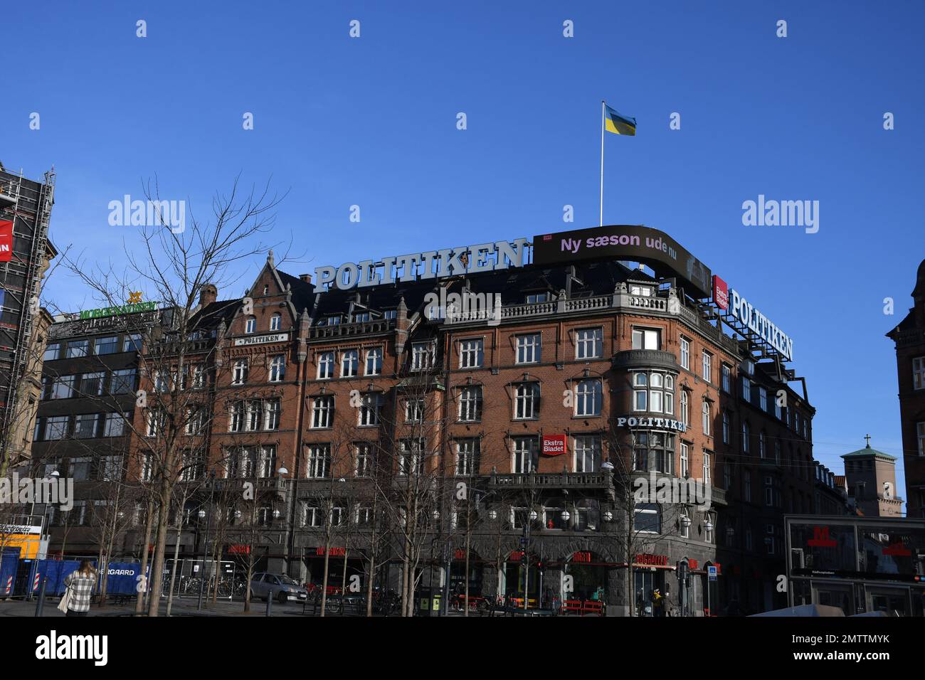 Copenhagen/Denmark/01 February 2023/ Danish media Politken hus  and few other daily papes stand with ukiran, media house fly ukrianina flg on house soliditary  with ukrainian crisis  Copenhagen Denmark.  (Photo. Francis Joseph Dean/Dean Pictures) Stock Photo