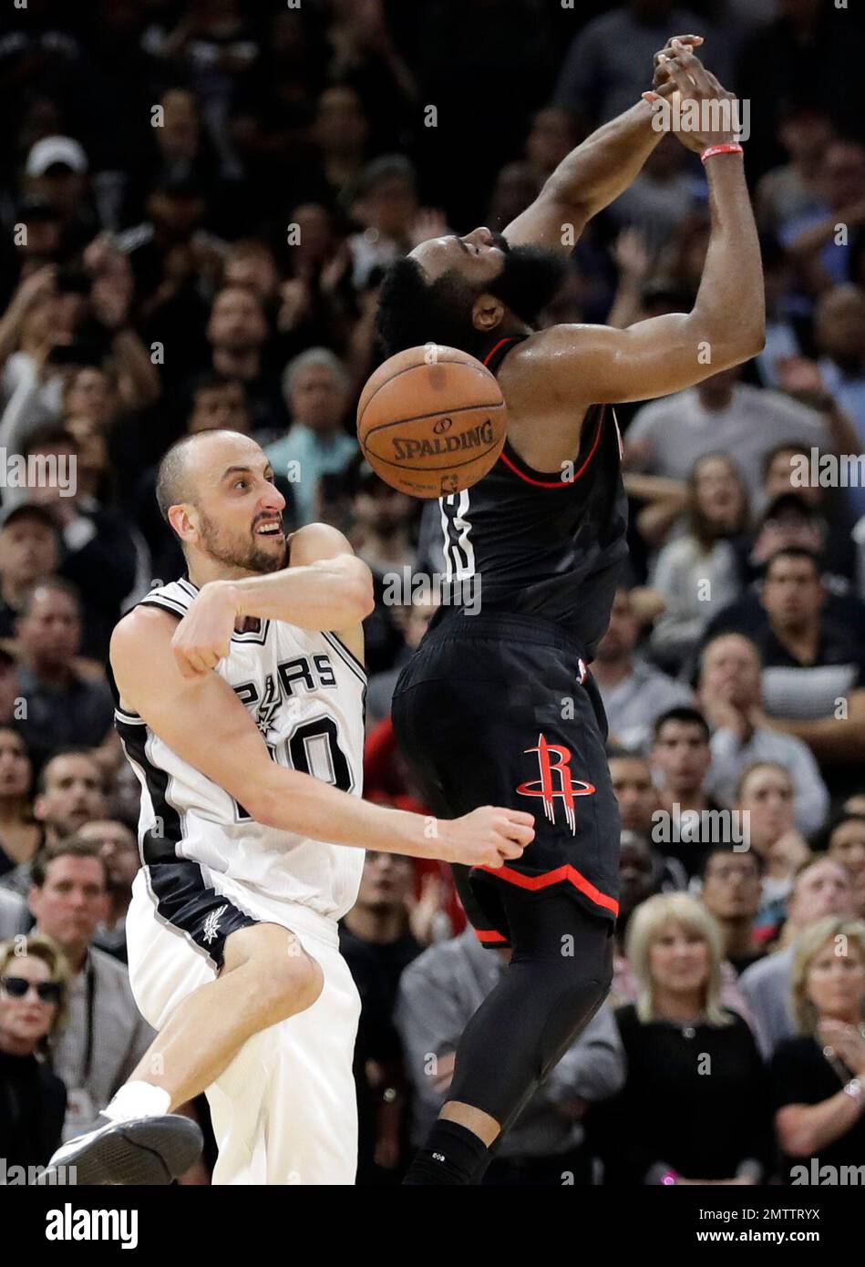 San Antonio Spurs' Manu Ginobili (20) of Argentina blocks Houston ...