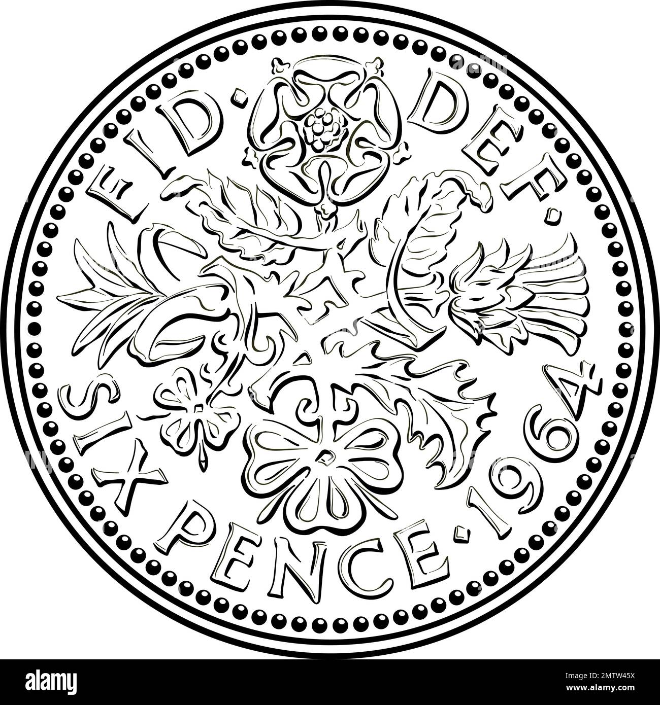 British sixpence money coin, reverse with floral design. Black and white Stock Vector