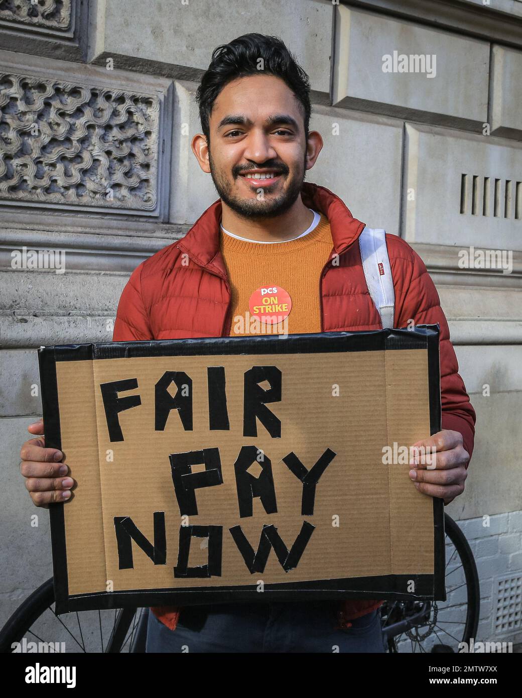 London, UK. 01st Feb, 2023. Members of the PCS union on a picket line outside the Department of