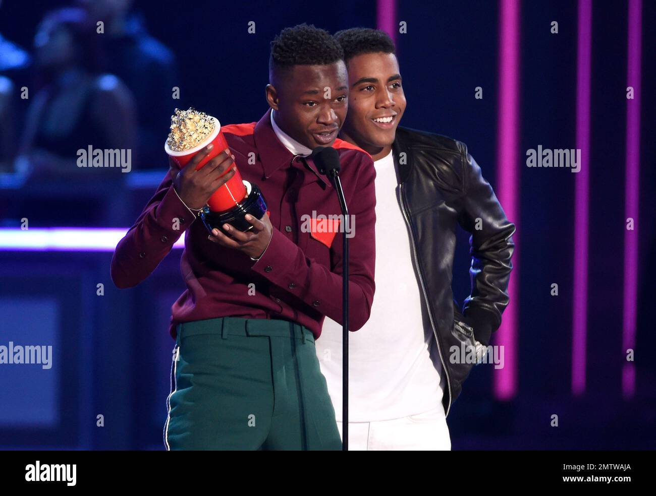 Ashton Sanders, left, and Jharrel Jerome accept the award for best kiss(01)