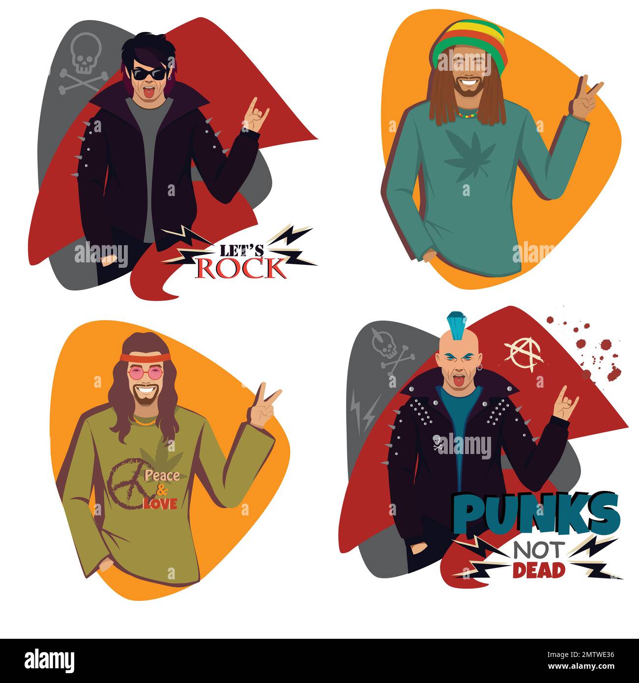 Set of different subculture. punk, rocker, hippie, goth, emo, rastaman person. flat style illustration collection. Stock Vector