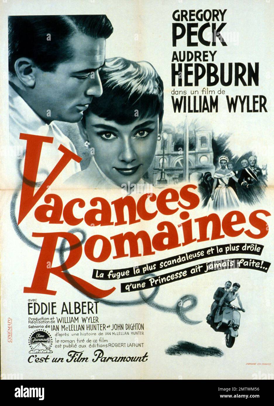 Roman Holiday  Year: 1953 USA Director: William Wyler Gregory Peck, Audrey Hepburn French poster Stock Photo