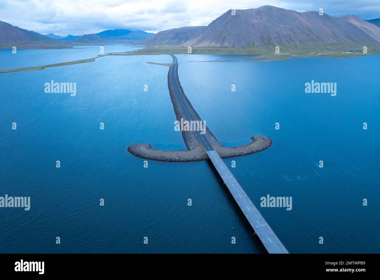 Drone Aerial of Kolgrafafjordur Sword Highway in Iceland Stock Photo
