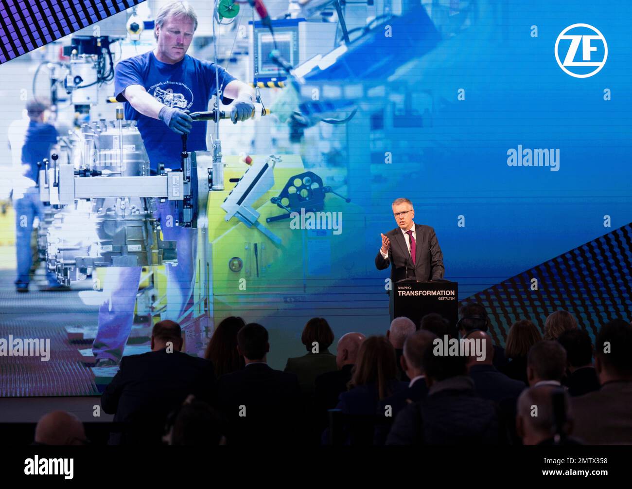 Ensdorf, Germany. 01st Feb, 2023. Holger Klein, CEO of ZF, speaks at an event at the future site of the Wolfspeed chip factory in Ensdorf in Saarland. The U.S. company Wolfspeed wants to build a modern chip factory in Saarland. The supplier ZF will support the new building with an investment as part of a new strategic partnership. Credit: Boris Roessler/dpa/Alamy Live News Stock Photo