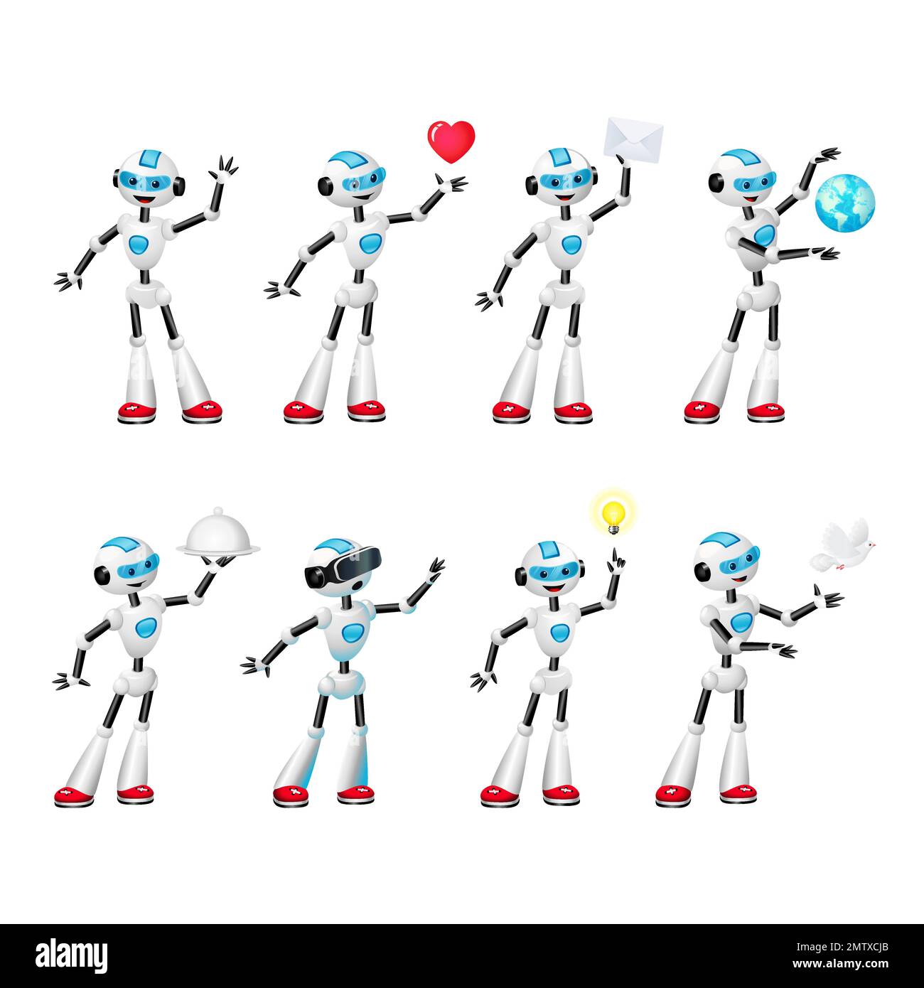 Set of cute cartoon robot in various poses  Stock Vector