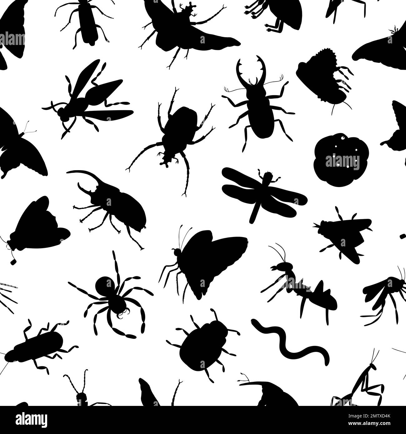 Vector seamless pattern of black insect silhouettes isolated on white background. Insect themed repeat backdrop. Cute monochrome ornament. Stock Vector