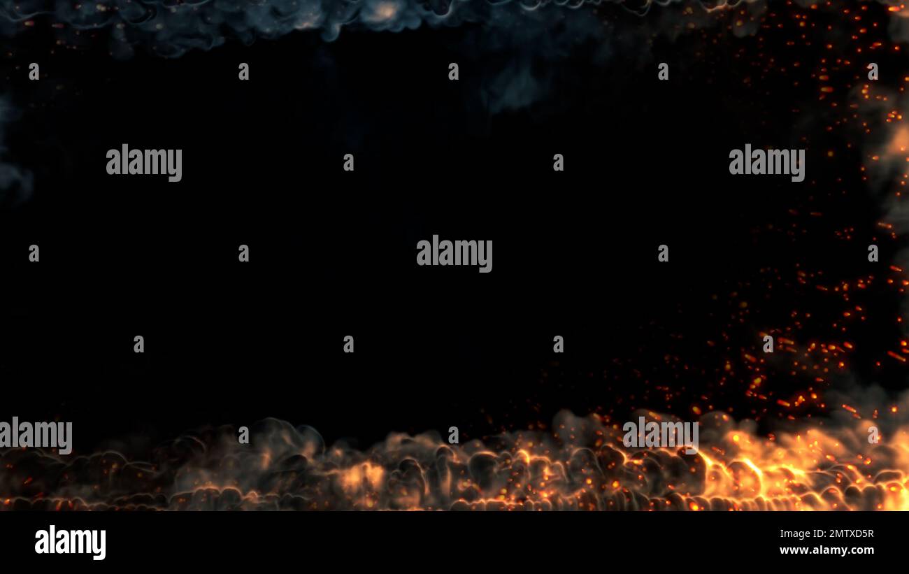 Square frame for content of burning smoke with fire and sparks ...