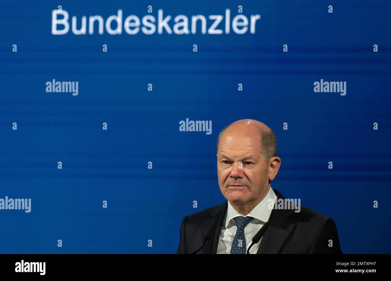 Ensdorf, Germany. 01st Feb, 2023. German Chancellor Olaf Scholz (SPD) speaks at an event at the future site of the Wolfspeed chip factory in Ensdorf in Saarland. The US company Wolfspeed wants to build a modern chip factory in Saarland. Credit: Harald Tittel/dpa/Alamy Live News Stock Photo