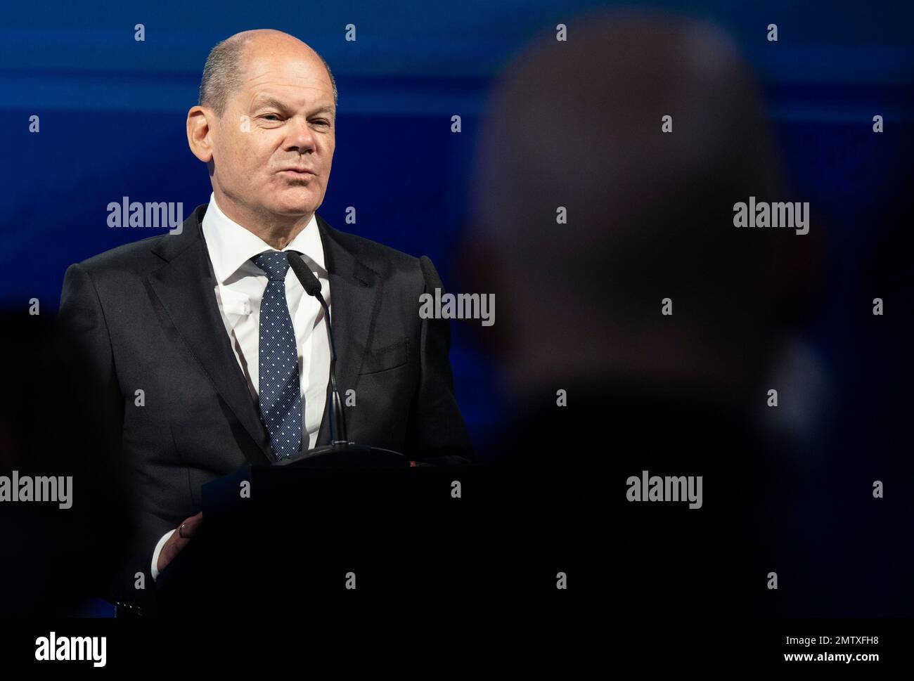 Ensdorf, Germany. 01st Feb, 2023. German Chancellor Olaf Scholz (SPD) speaks at an event at the future site of the Wolfspeed chip factory in Ensdorf in Saarland. The US company Wolfspeed wants to build a modern chip factory in Saarland. Credit: Boris Roessler/dpa/Alamy Live News Stock Photo