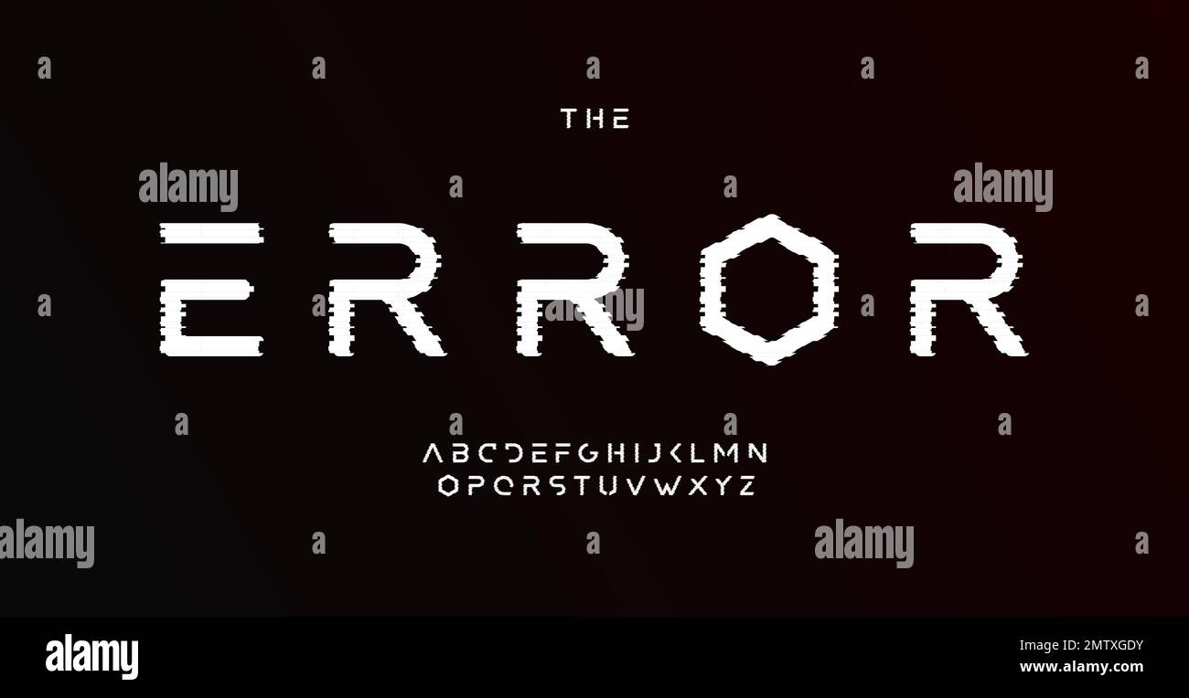 Display error alphabet, digital distorted sans serif letters, glitch