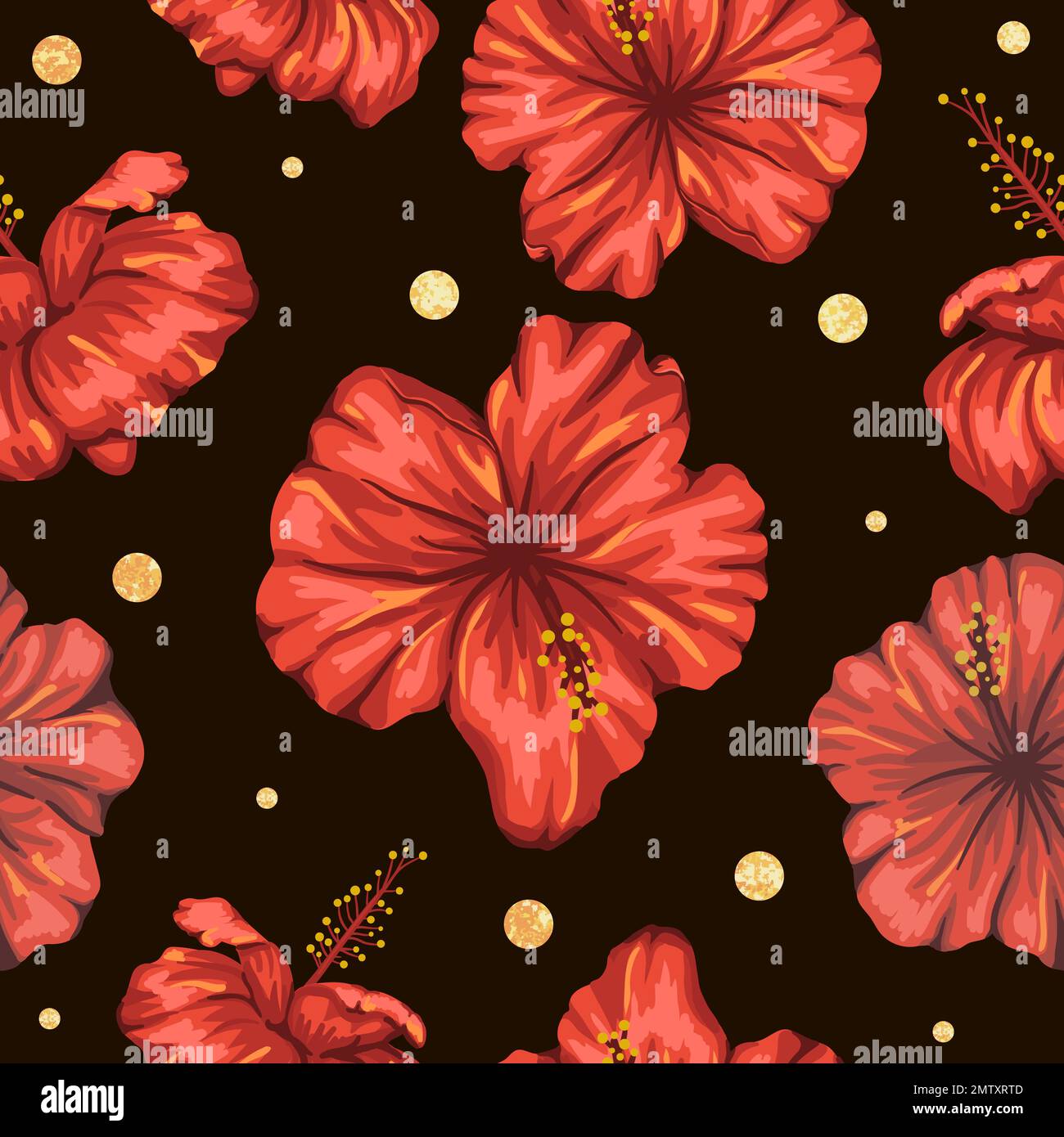 Vector seamless pattern of red hibiscus flowers with golden foil confetti  on black background. Repeat tropical backdrop. Exotic jungle wallpaper  Stock Vector Image \u0026 Art - Alamy, image size:1300x1390