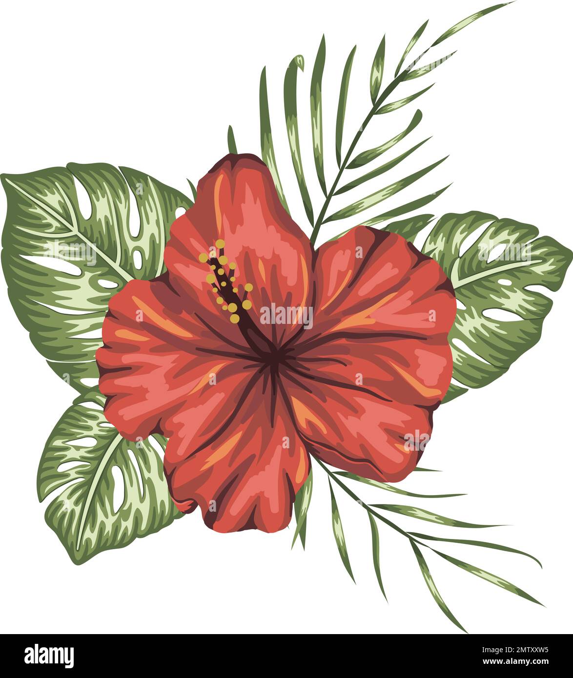 Vector tropical composition of red hibiscus, monstera and palm leaves ...