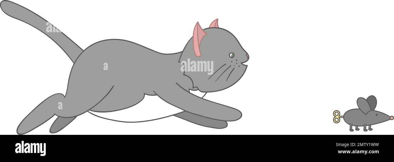 Vector illustration of a cat hunting a mouse. Cute kitten clip art