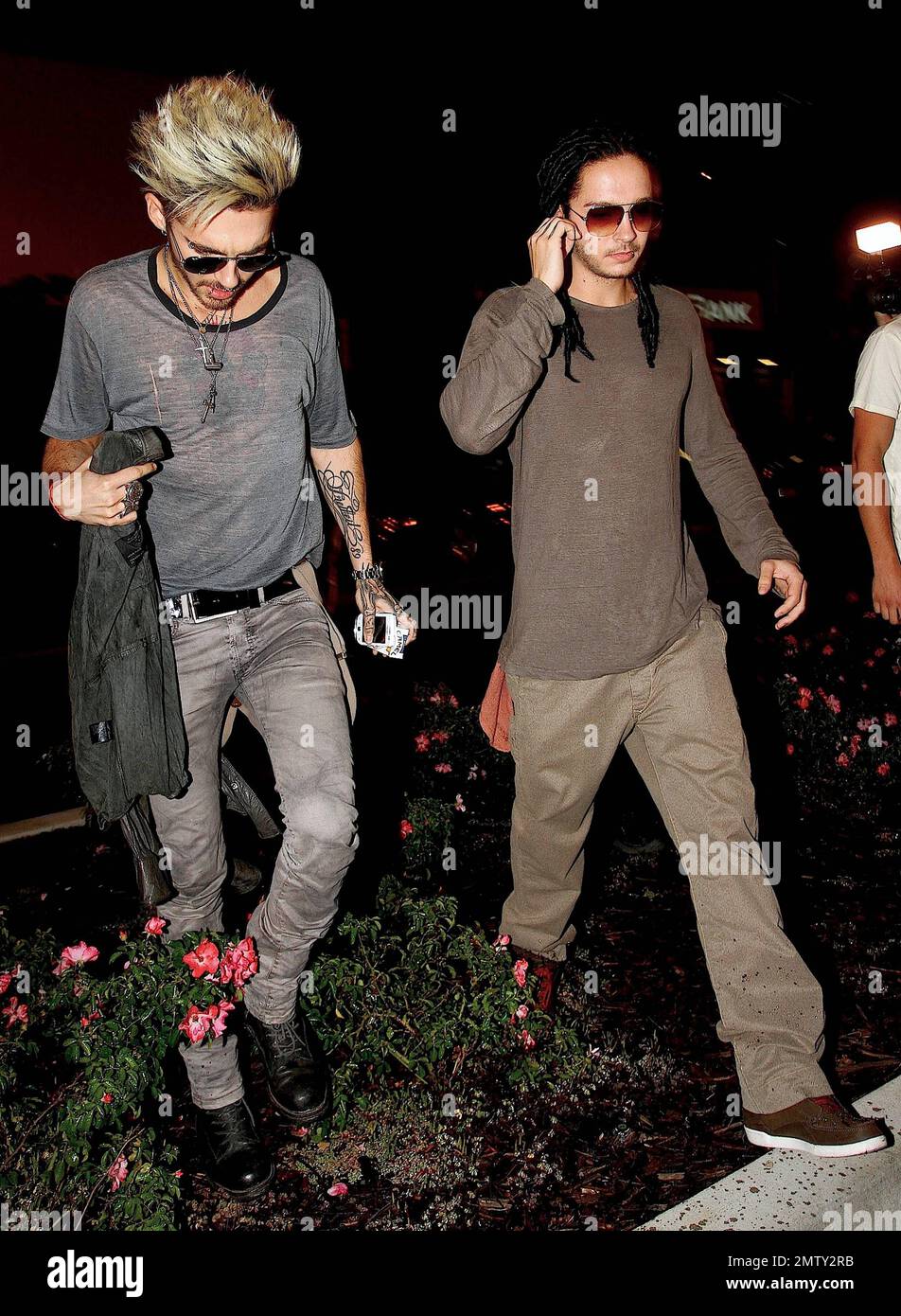 Tom Kaulitz and Bill Kaulitz of the German rock band 'Tokio Hotel' were spotted outside Bootsy Bellows Nightclub in West Hollywood, CA. 14th August 2012. Stock Photo