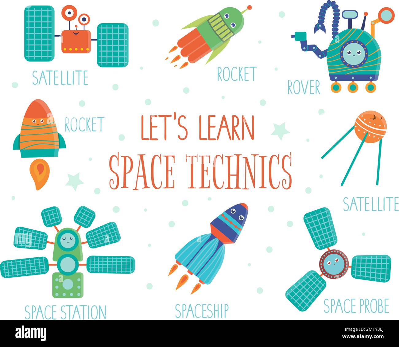Vector set of space technics for children. Bright and cute flat illustration of spaceship,  rocket,  satellite,  space station,  rover with names isol Stock Vector