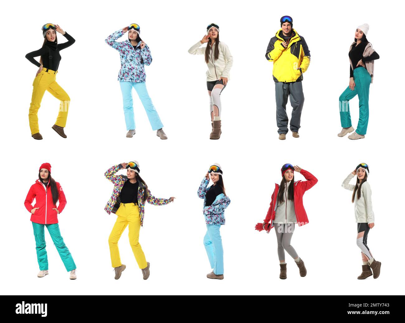 Collage of people wearing winter sports clothes on white background