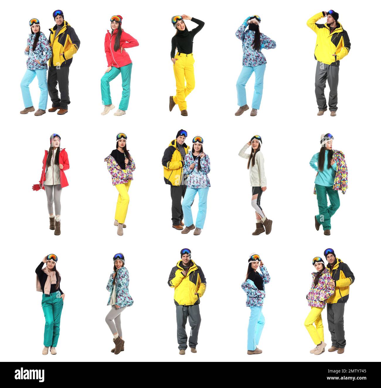 Collage of people wearing winter sports clothes on white background