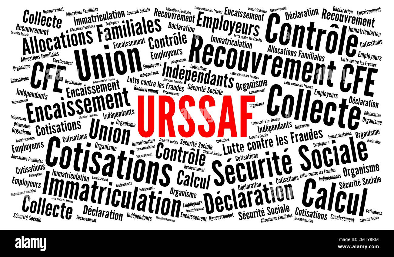 URSSAF word cloud called organizations for the collection of social security and family benefit contributions in France in French language Stock Photo
