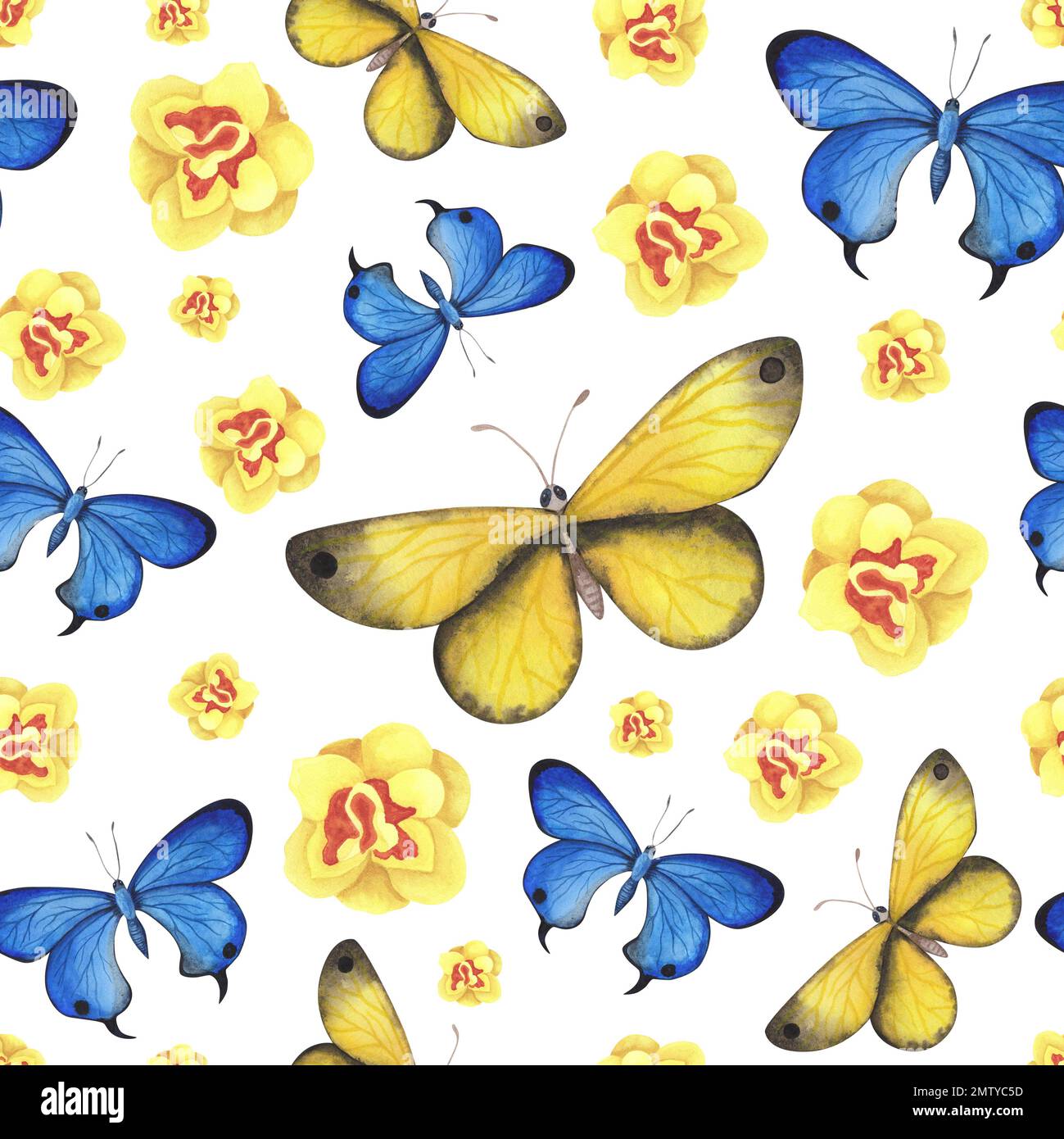 seamless pattern Blue and yellow butterfly with daffodils flowers ...