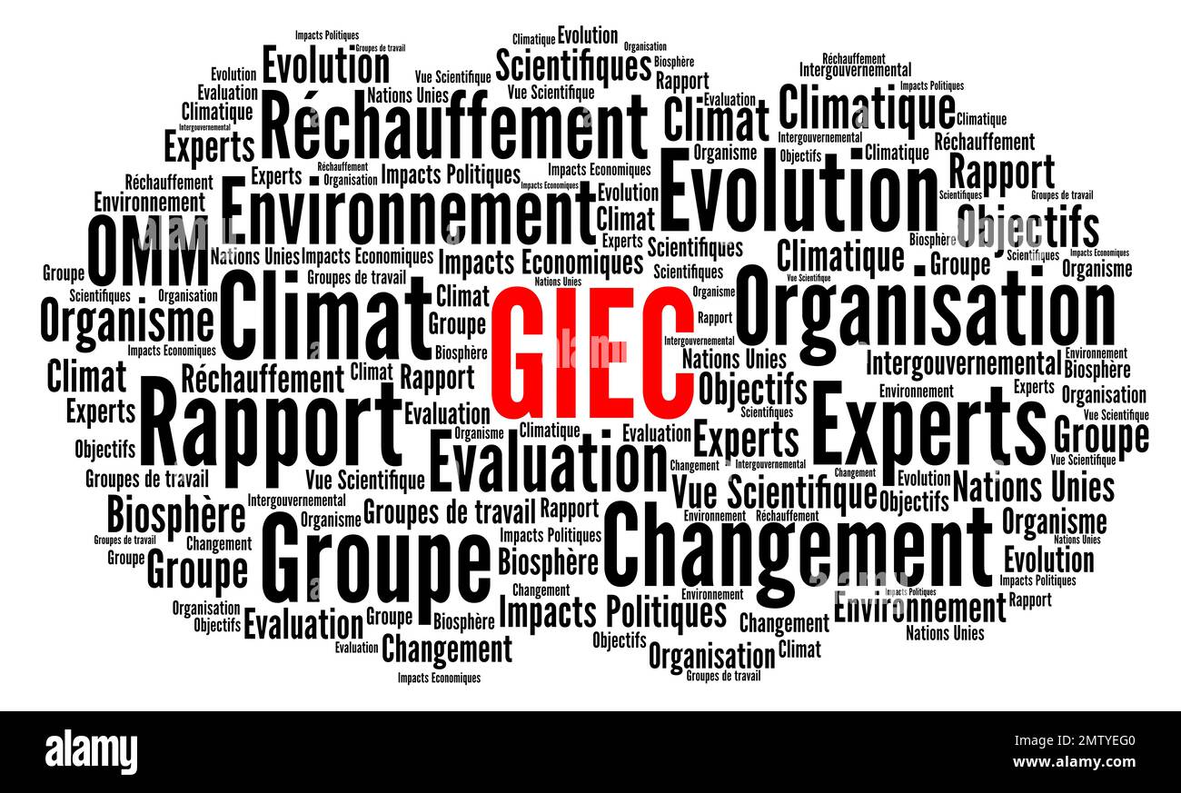 IPCC Intergovernmental panel on climate change word cloud called GIEC in French language Stock Photo