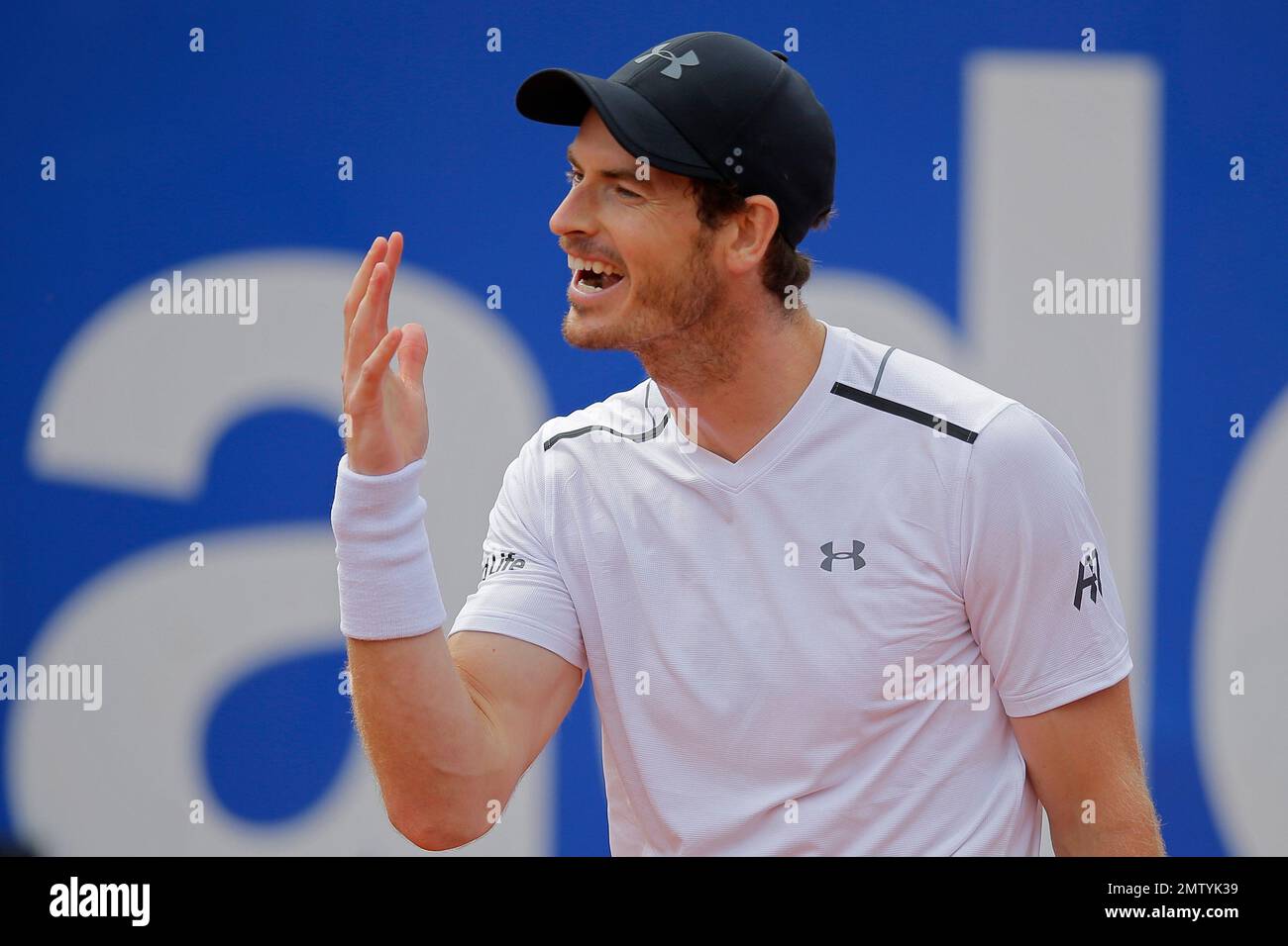 Andy Murray of Britain reacts during his match against Dominic Thiem of Austria in a semifinal match at the Barcelona Open Tennis Tournament in Barcelona, Spain, Saturday, April 29, 2017