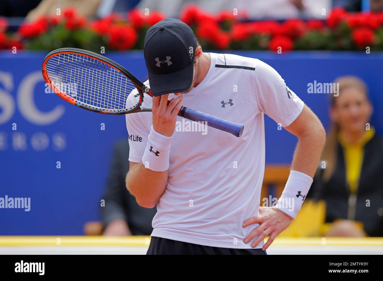 Andy Murray of Britain reacts during his match against Dominic Thiem of Austria in a semifinal match at the Barcelona Open Tennis Tournament in Barcelona, Spain, Saturday, April 29, 2017