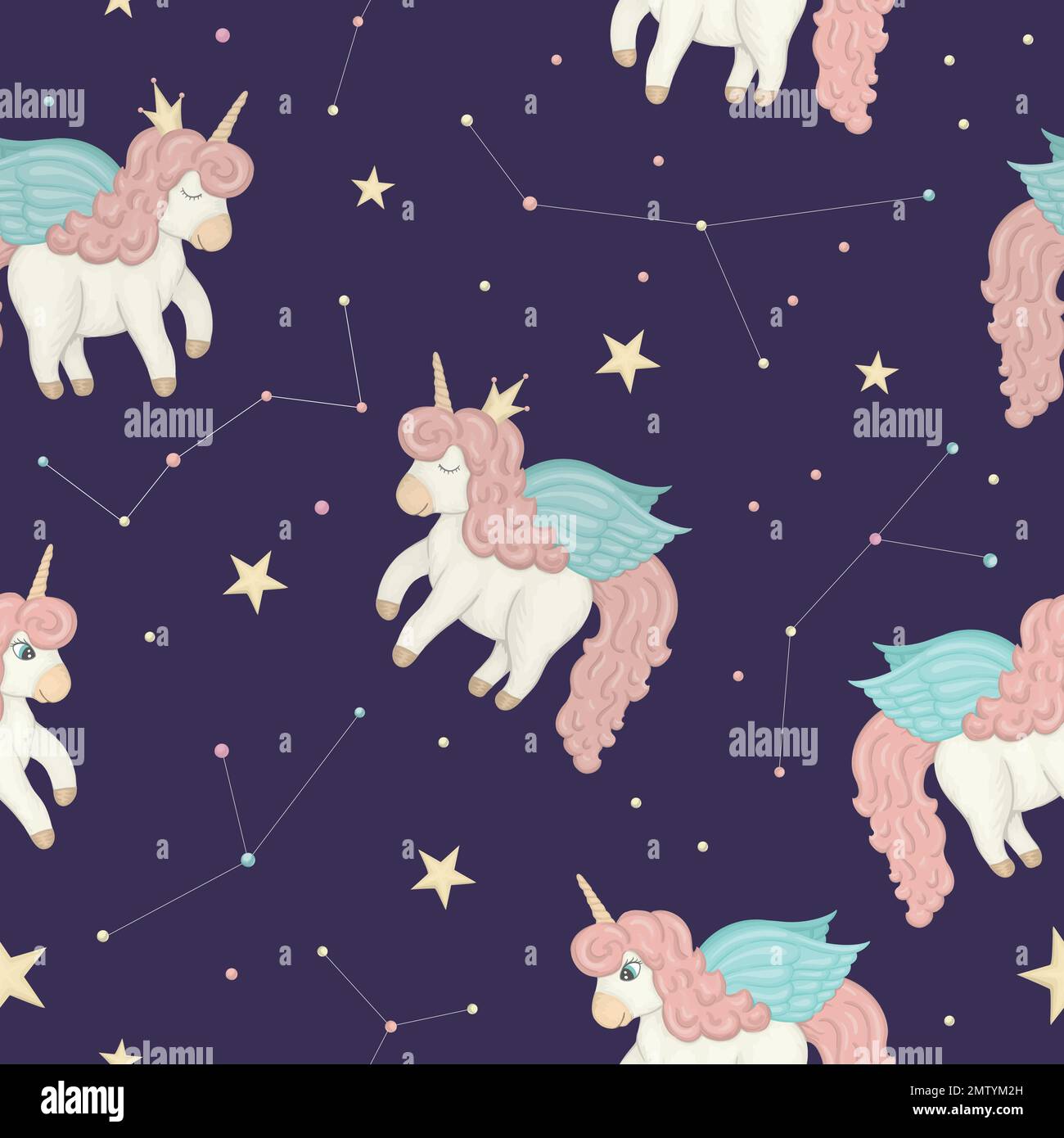Vector seamless pattern with cute watercolor style unicorns on night ...