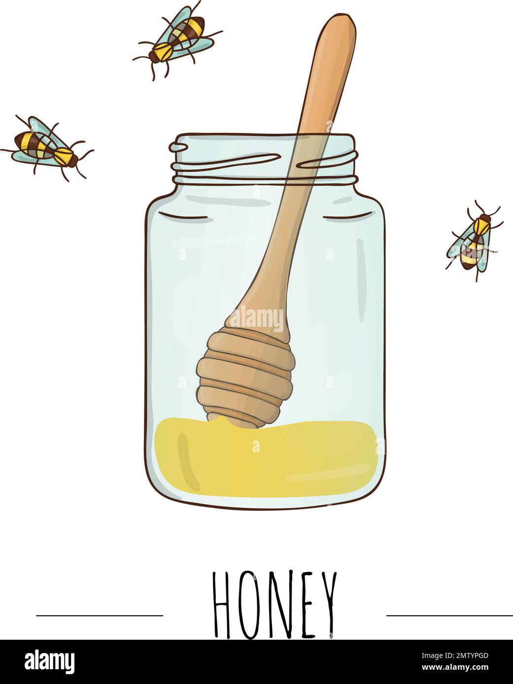 Vector illustration of honey jar with spoon and bees. Banner, card, template, sign, signboard or poster for home made honey shop. Honey themed icon, l Stock Vector