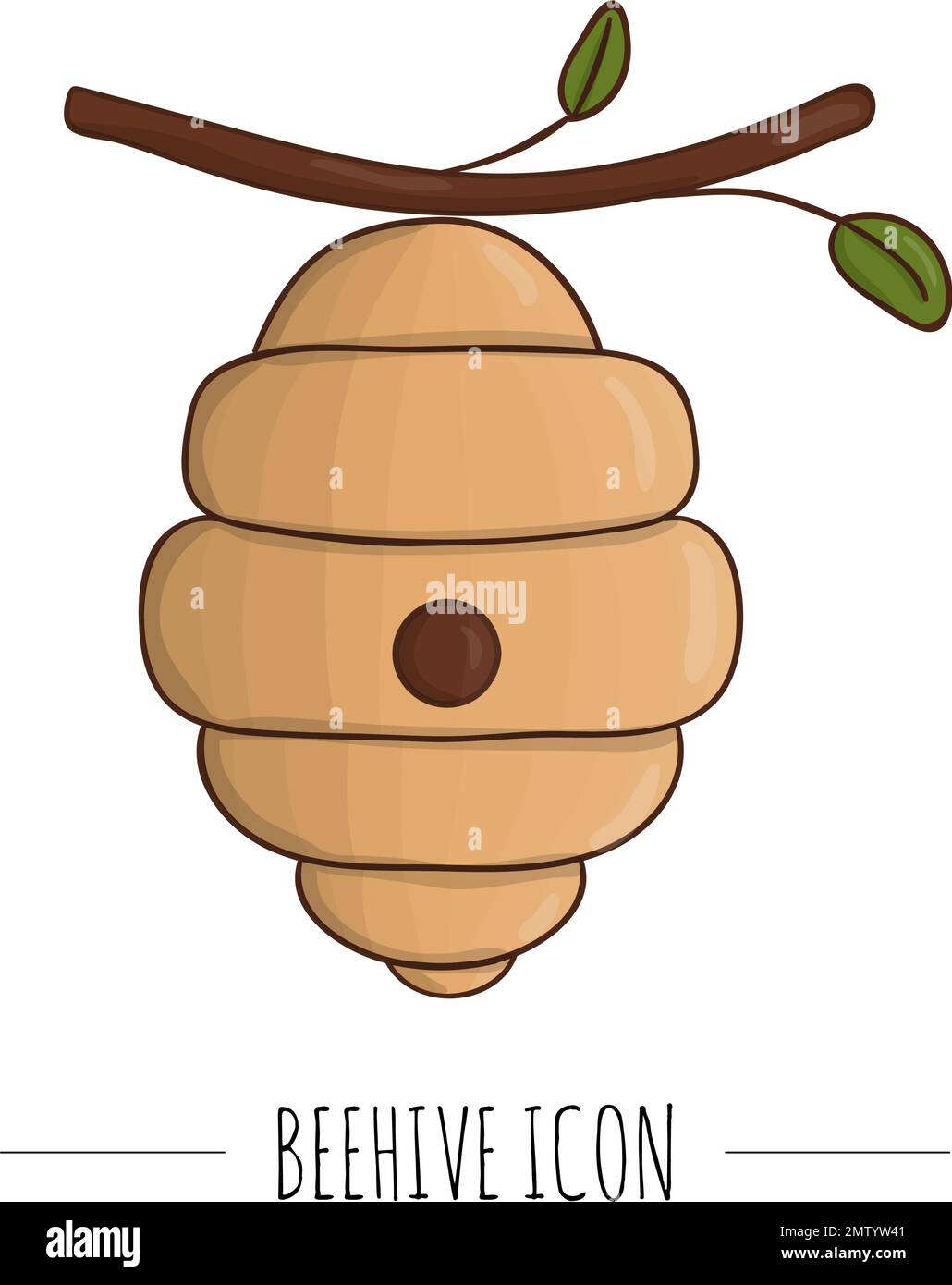 Vector illustration of beehive on a twig. Banner, card, template, sign, signboard or poster for home made honey shop. Honey themed icon, logo or sign. Stock Vector