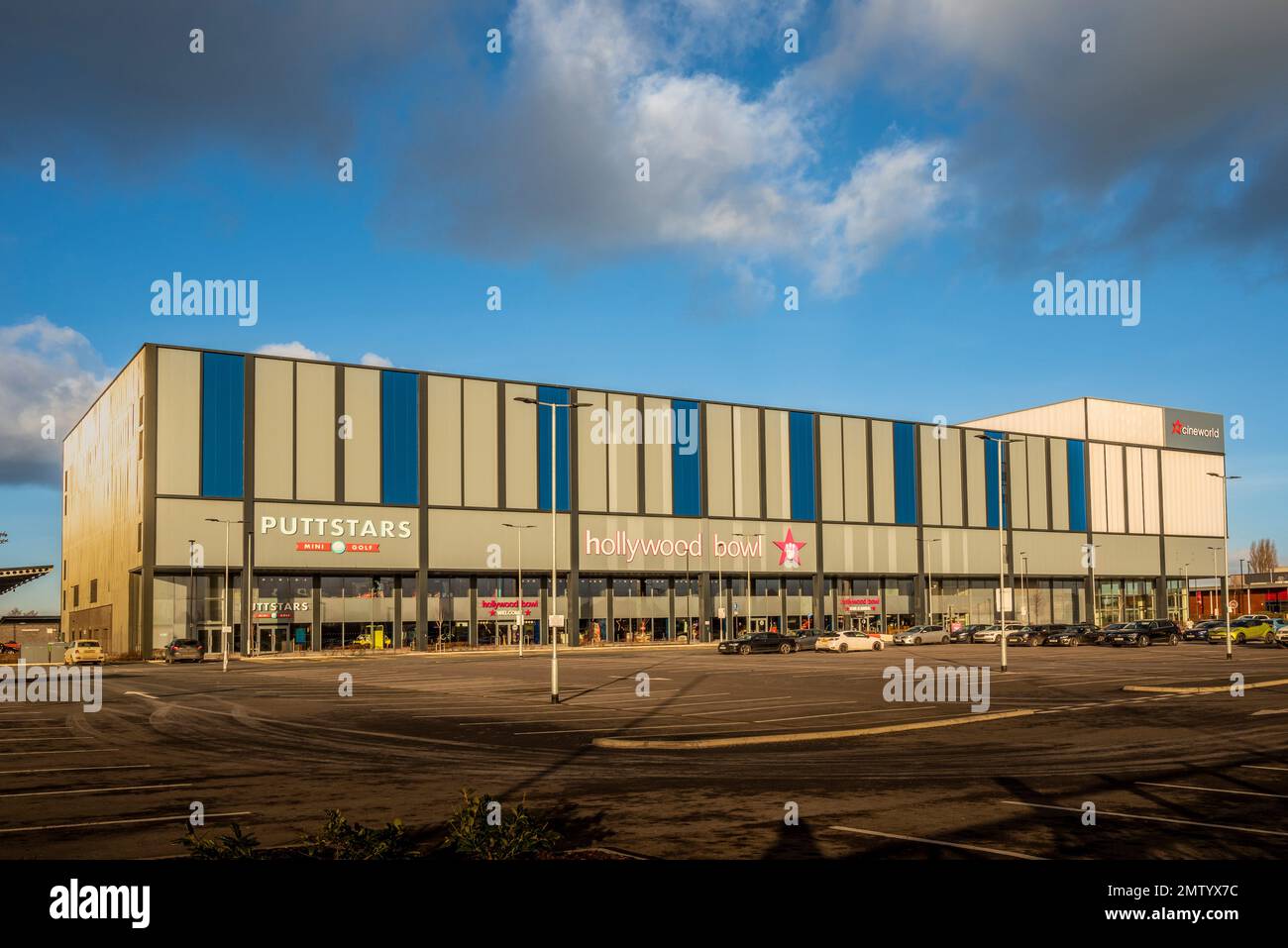 Exterior façade of York Stadium Leisure Complex in Huntington York. Indoor golf, bowling and cinema venue. Stock Photo