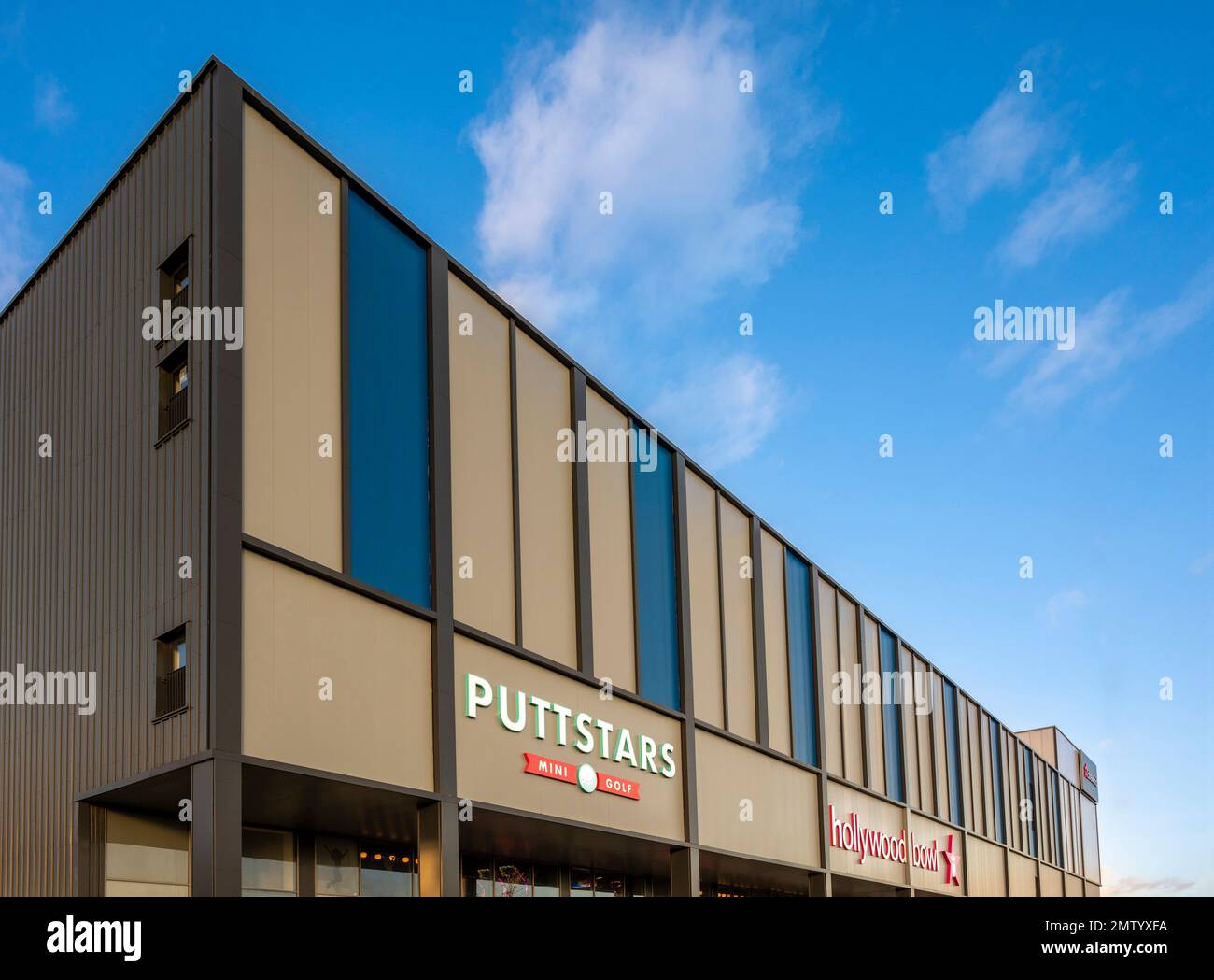 Exterior façade of York Stadium Leisure Complex in Huntington York. Indoor golf, bowling and cinema venue. Stock Photo