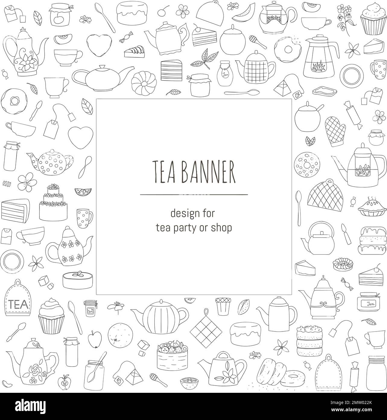 Vector illustration of black and white teapots, pies, sweets, cakes