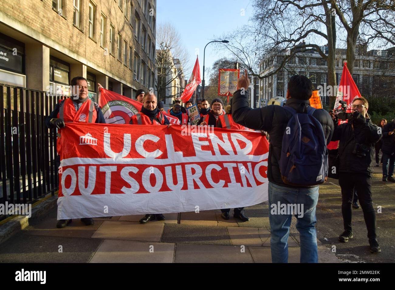 London, UK. 1st February 2023. Security guards working at University College London (UCL) stage a protest outside the university as they walk out over outsourcing and pay. The day has seen around half a million people staging walkouts around the UK, including teachers, university staff, public service workers and train drivers. Credit: Vuk Valcic/Alamy Live News Stock Photo