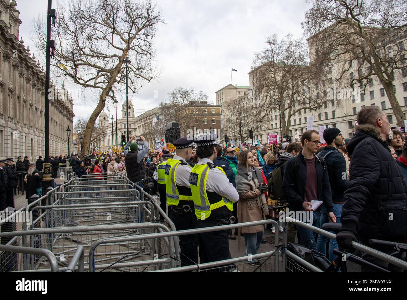 London, UK - 1 Feb, 2023. Protesters in Whitehall after marching from BBC in Protect The Right To Strike and Pay Up march. Thousands of teachers, workers and civil servants walk out in Day of Action. Credit: Sinai Noor/Alamy Live News (EDITORIAL USAGE ONLY!) Stock Photo