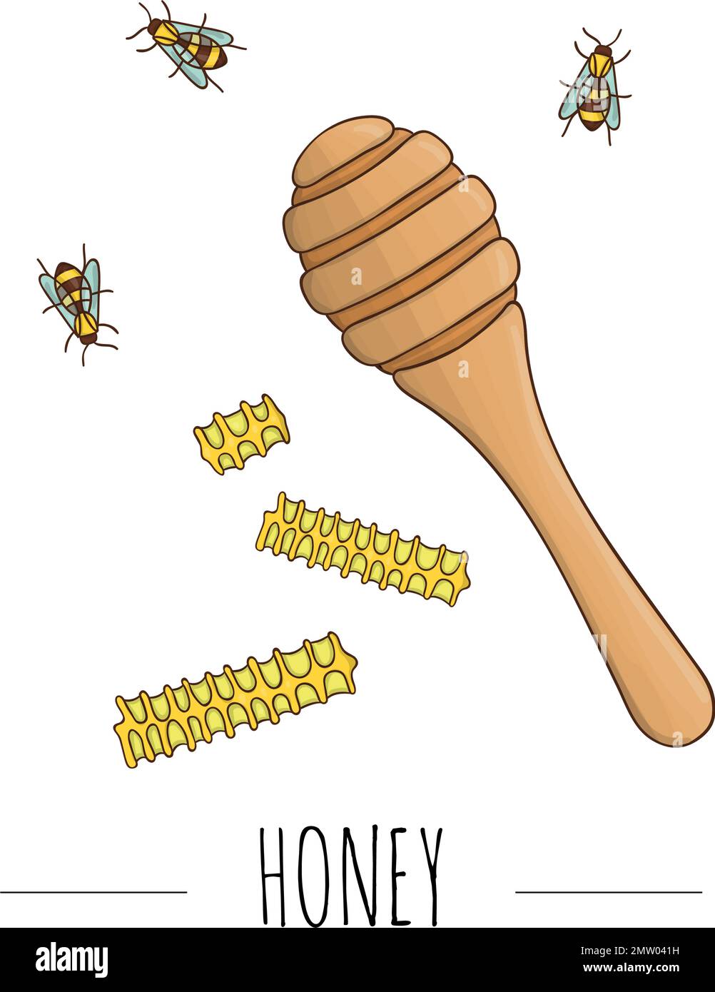Vector illustration of honey spoon, combs, bees. Banner, card, template, sign, signboard or poster for home made honey shop. Honey themed icon, logo o Stock Vector