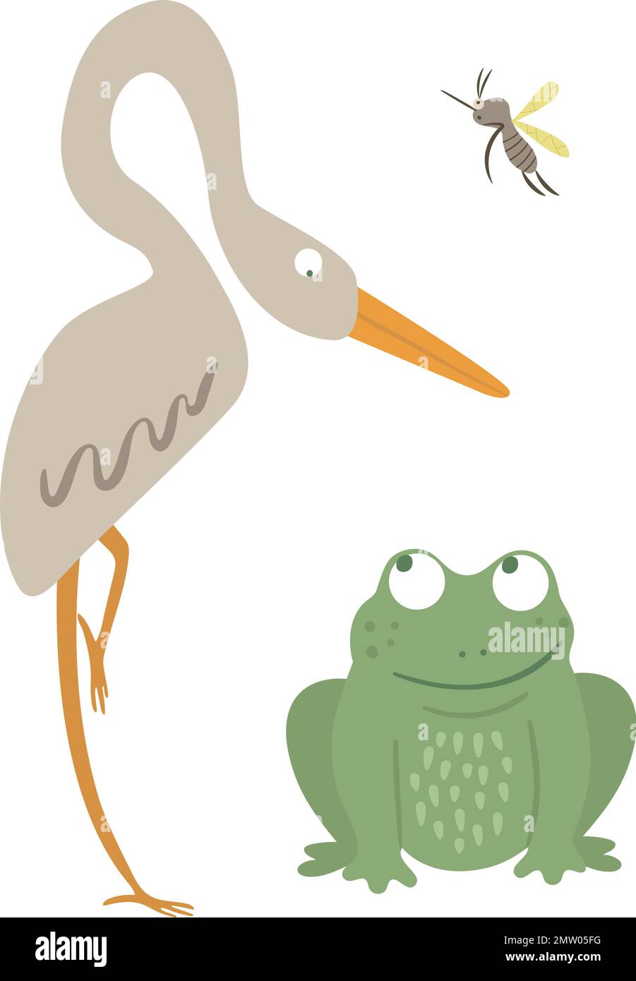 Vector cartoon style flat funny frog with heron and mosquito isolated on white background. Cute illustration of woodland swamp animal. Sitting amphibi Stock Vector