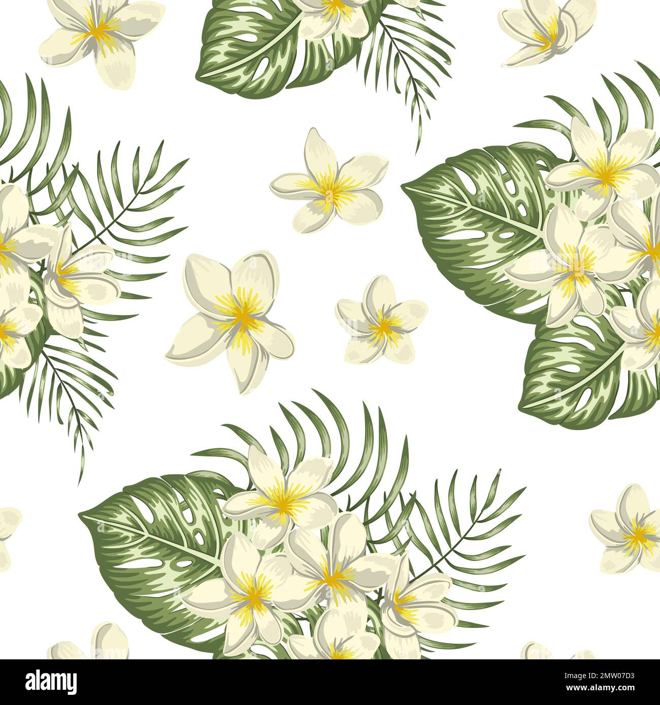 Vector seamless pattern of green tropical leaves with plumeria flowers ...