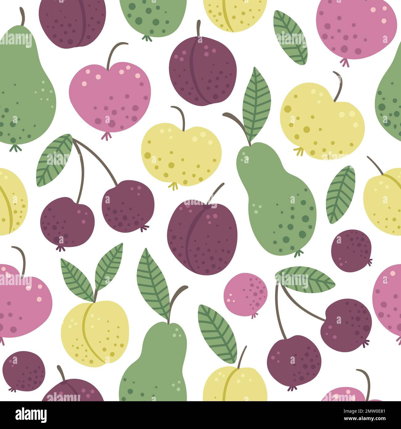Vector seamless pattern with funny hand drawn flat garden fruits and berries. Colored apple, pear, plum, peach, cherry texture. Harvest repeating back Stock Vector