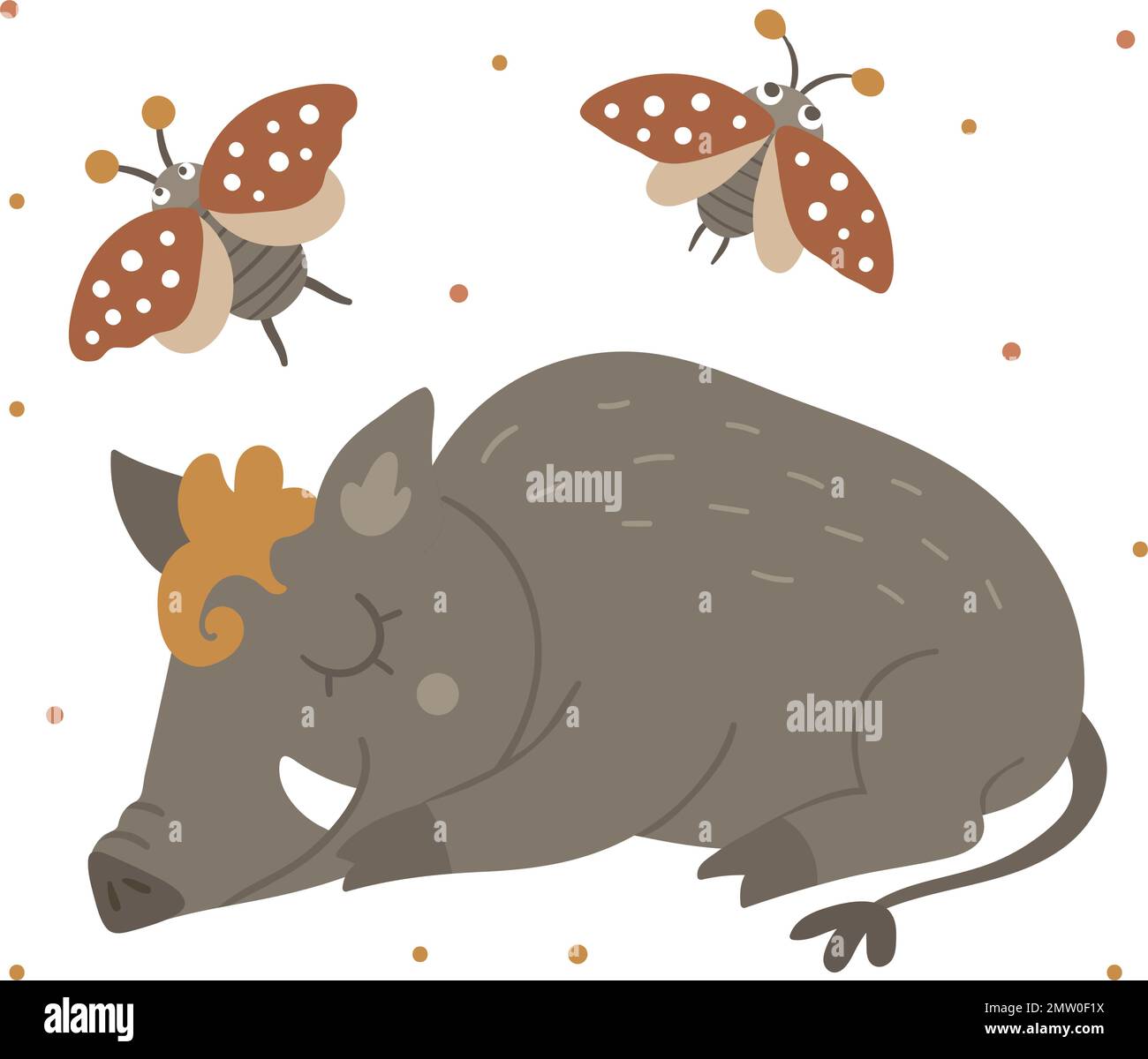 Vector hand drawn flat sleeping boar with an insect. Funny woodland animal. Cute forest pig illustration for children’s design, print, stationery Stock Vector