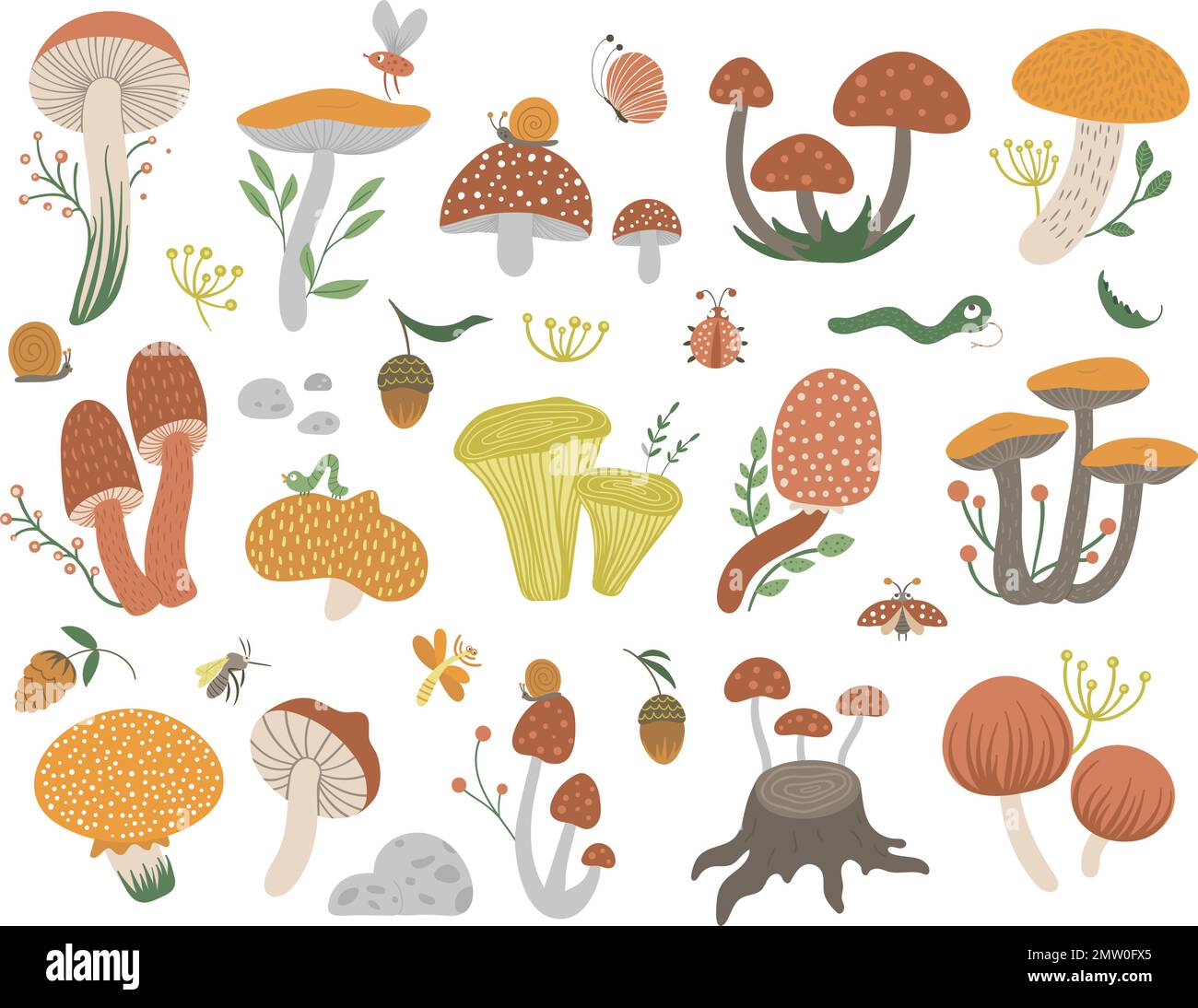 Vector set of flat funny mushrooms with berries, leaves and insects. Autumn clip art for children’s design. Cute fungi illustration with acorns and co Stock Vector