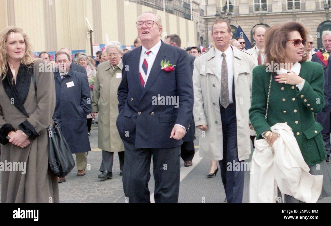 Jean Marie Le Pen, leader of the National Front, walks with his