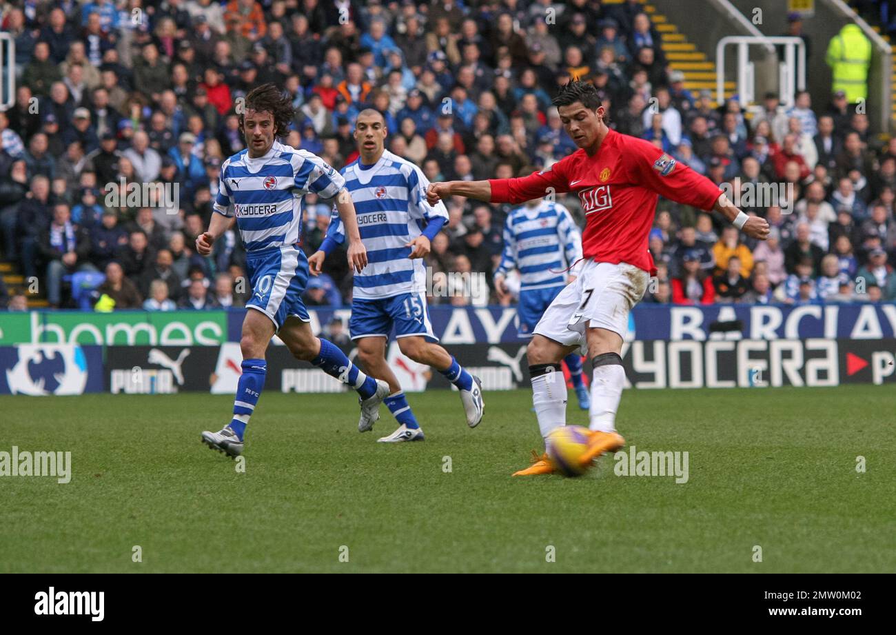 Manchester United player Cristiano Ronaldo in action in the Premier league at the Madejski Stadium. 19th January 2008 This image is bound by Dataco restrictions on how it can be used. EDITORIAL USE ONLY No use with unauthorised audio, video, data, fixture lists, club/league logos or “live” services. Online in-match use limited to 120 images, no video emulation. No use in betting, games or single club/league/player publications Stock Photo
